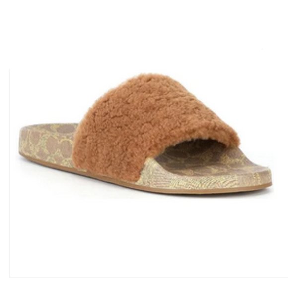 Coach Pool Slides Shearling Tan Brown Size 13 Shoes Slippers Slip On Sandals - Picture 2 of 7